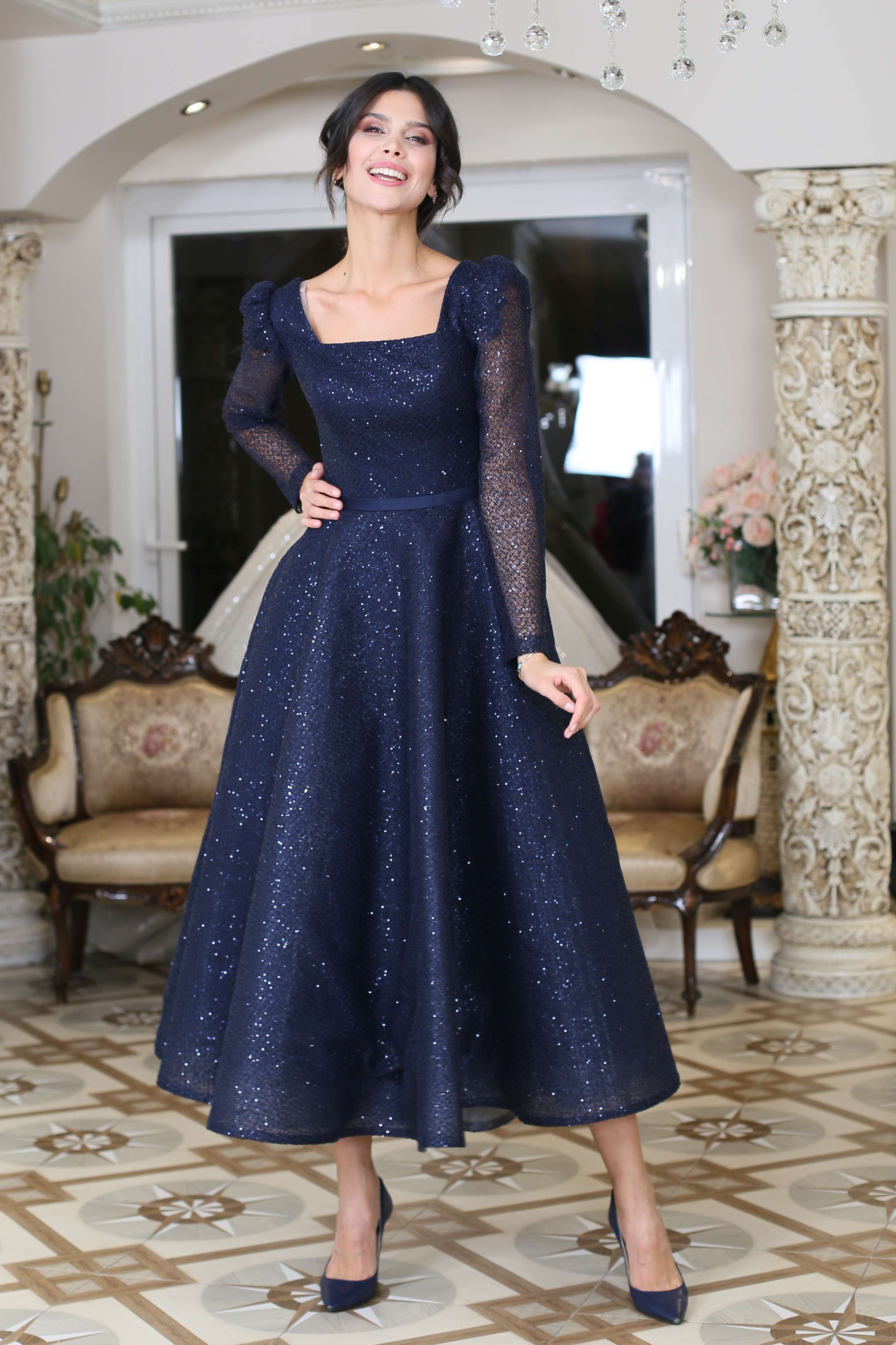Navy Blue Lace Overlay Square-Neck Gown Navy Blue Lace Overlay Square-Neck Gown