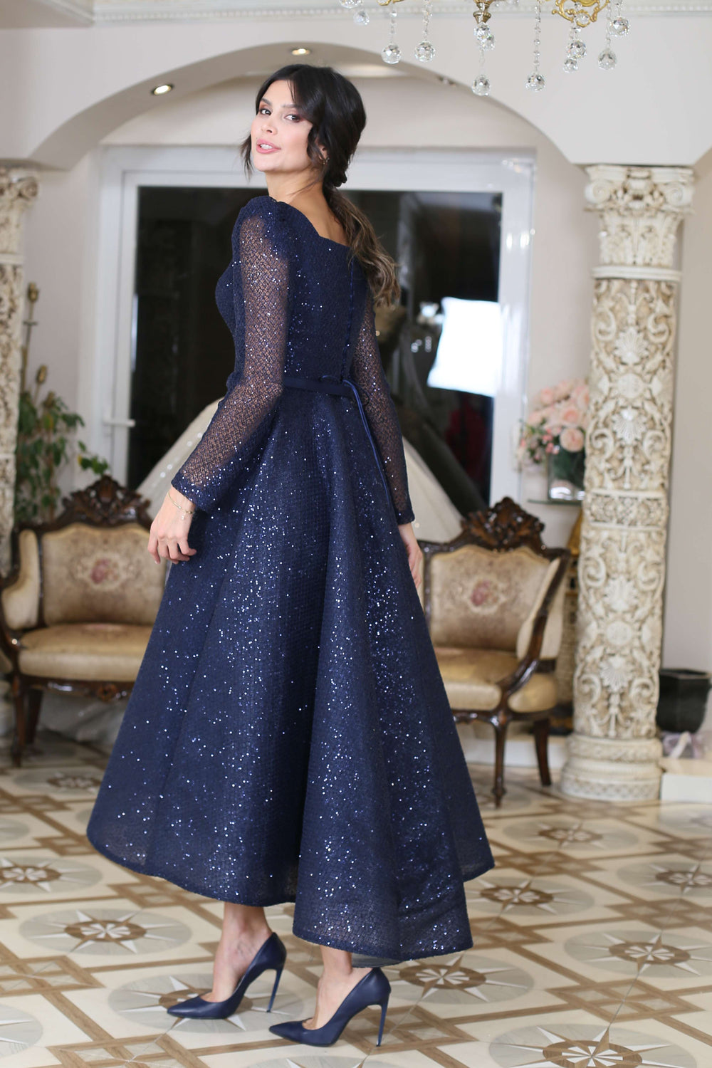 Navy Blue Lace Overlay Square-Neck Gown