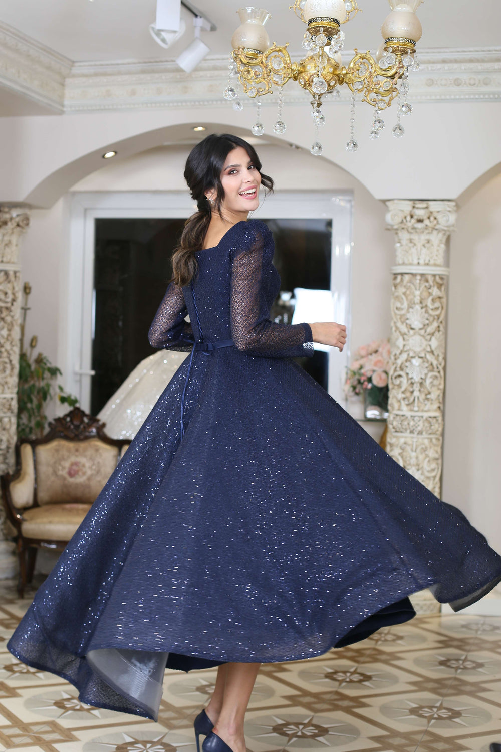 Navy Blue Lace Overlay Square-Neck Gown