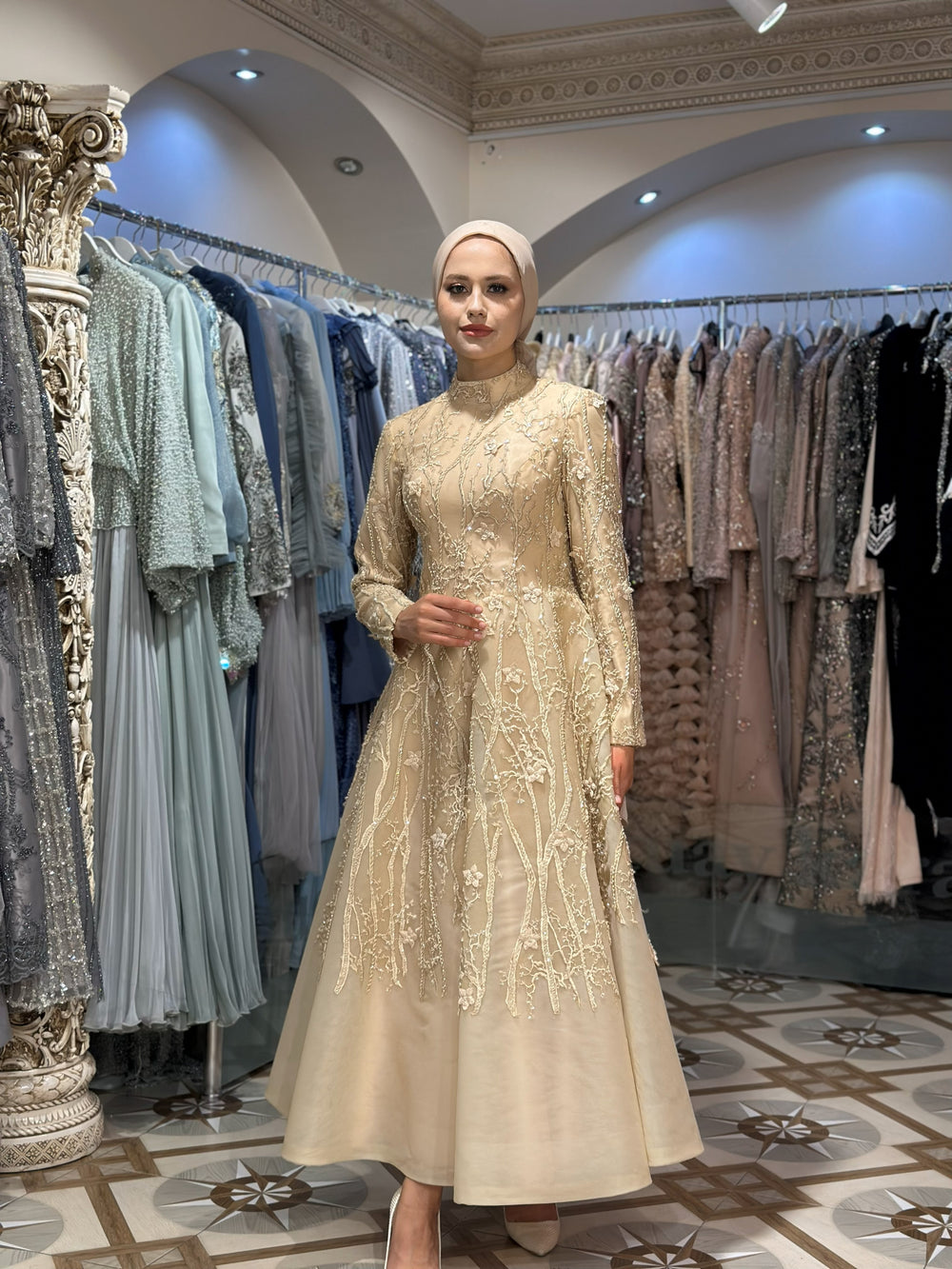 Floral Embroidered Long Lace Evening Dress