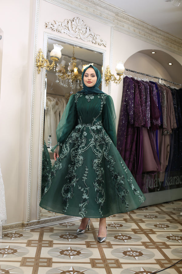 Zümrüt Yeşili Tesettür Uyumlu Abiye Elbise
