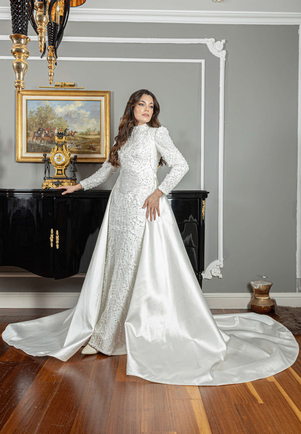 Pearl-Embellished Modest Wedding Dress