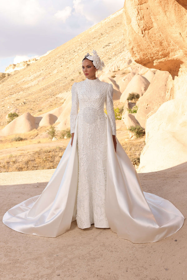 Pearl-Embellished Modest Wedding Dress