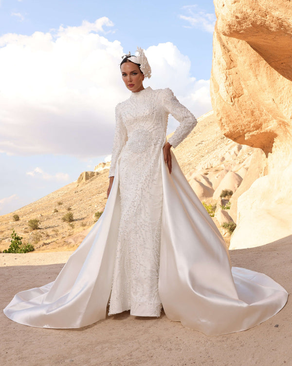 Pearl-Embellished Modest Wedding Dress