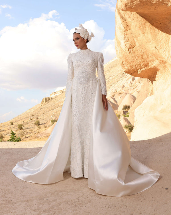 Pearl-Embellished Modest Wedding Dress