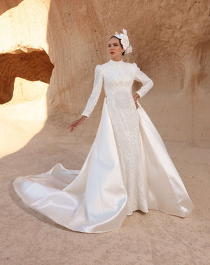 Pearl-Embellished Modest Wedding Dress