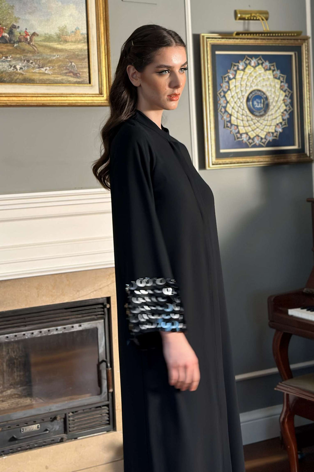 Abaya with Sequin-Embroidered Cuff Details