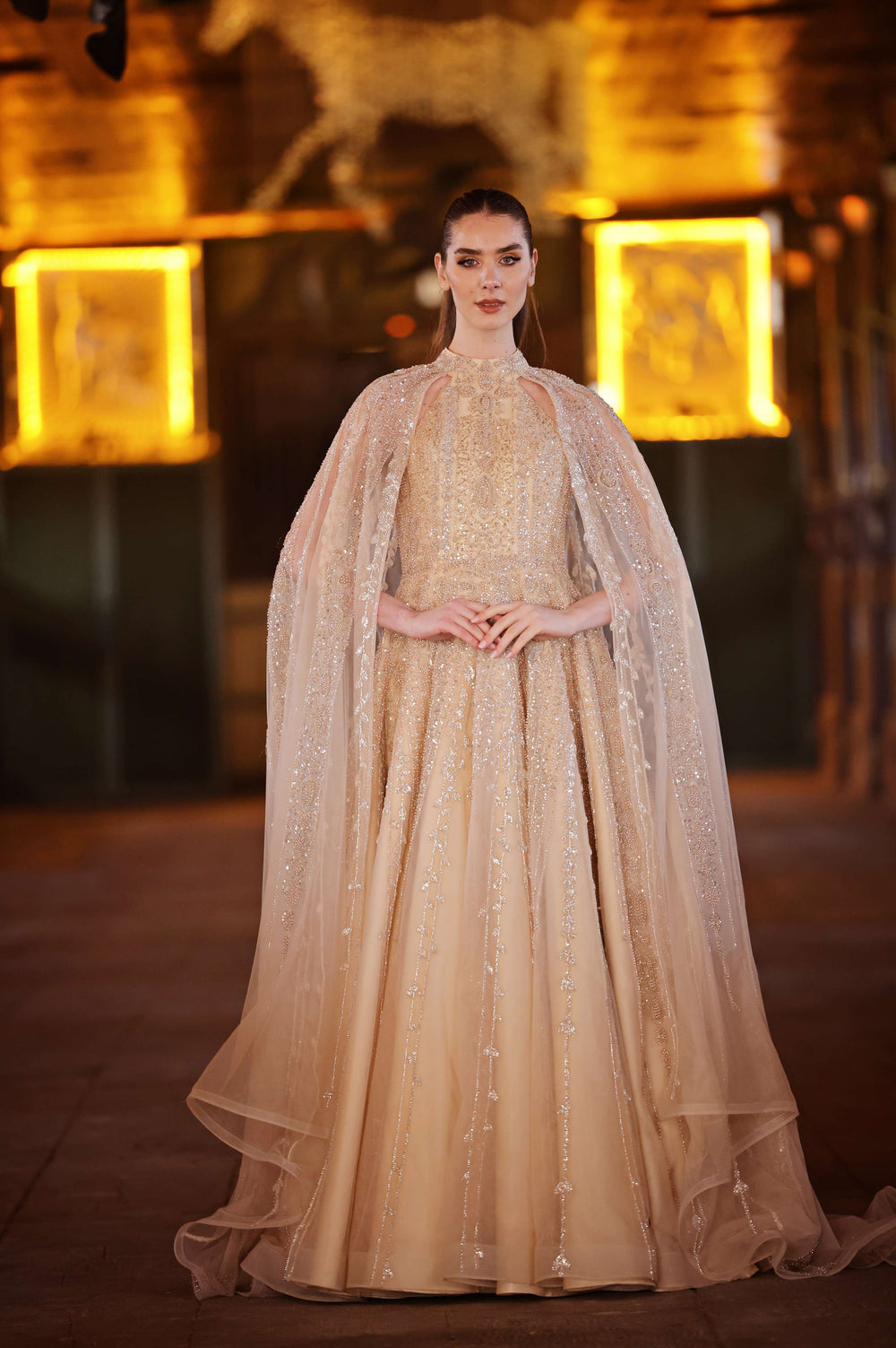 Shimmering Grace – Cape Detail Engagement Dress