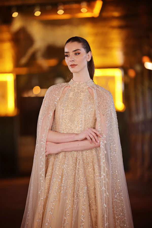 Shimmering Grace – Cape Detail Engagement Dress