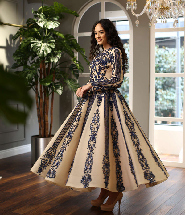 Lacivert Desenli Uzun Kollu Midi Abiye Elbise