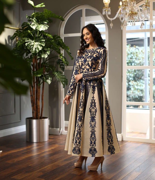 Lacivert Desenli Uzun Kollu Midi Abiye Elbise