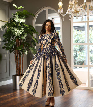 Lacivert Desenli Uzun Kollu Midi Abiye Elbise