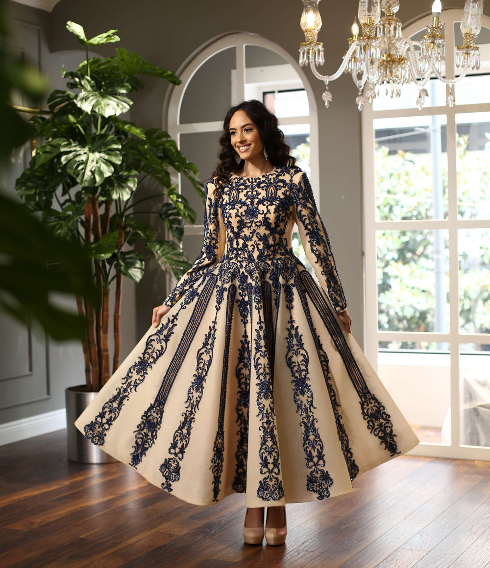 Lacivert Desenli Uzun Kollu Midi Abiye Elbise