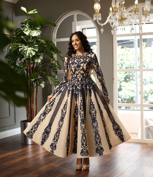 Lacivert Desenli Uzun Kollu Midi Abiye Elbise