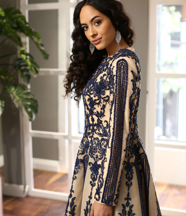 Lacivert Desenli Uzun Kollu Midi Abiye Elbise