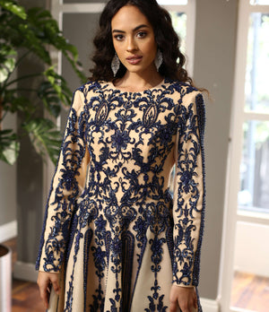 Lacivert Desenli Uzun Kollu Midi Abiye Elbise