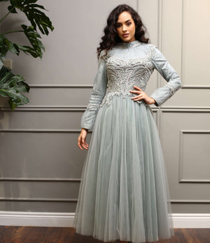 Gümüş İşlemeli Yüksek Yaka Mint Yeşili Tül A Kesim Midi Abiye Elbise