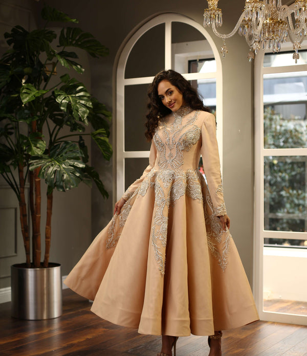 Gümüş İşlemeli  A Kesim Midi Abiye Elbise