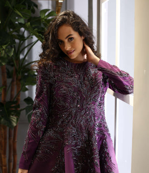 Yoğun İşlemeli Mürdüm Midi Abiye Elbise