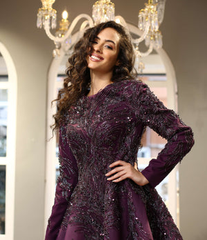 Yoğun İşlemeli Mürdüm Midi Abiye Elbise