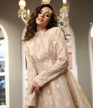 Çiçek ve Dal İşlemeli  A Kesim Midi Abiye Elbise