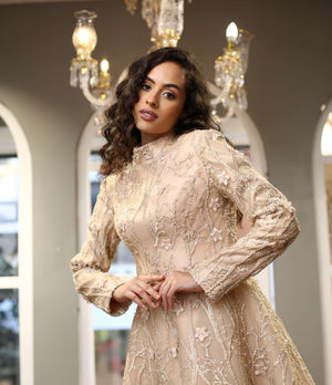 Çiçek ve Dal İşlemeli  A Kesim Midi Abiye Elbise