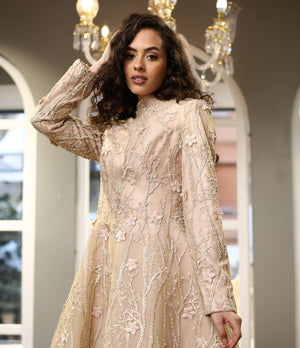 Çiçek ve Dal İşlemeli  A Kesim Midi Abiye Elbise