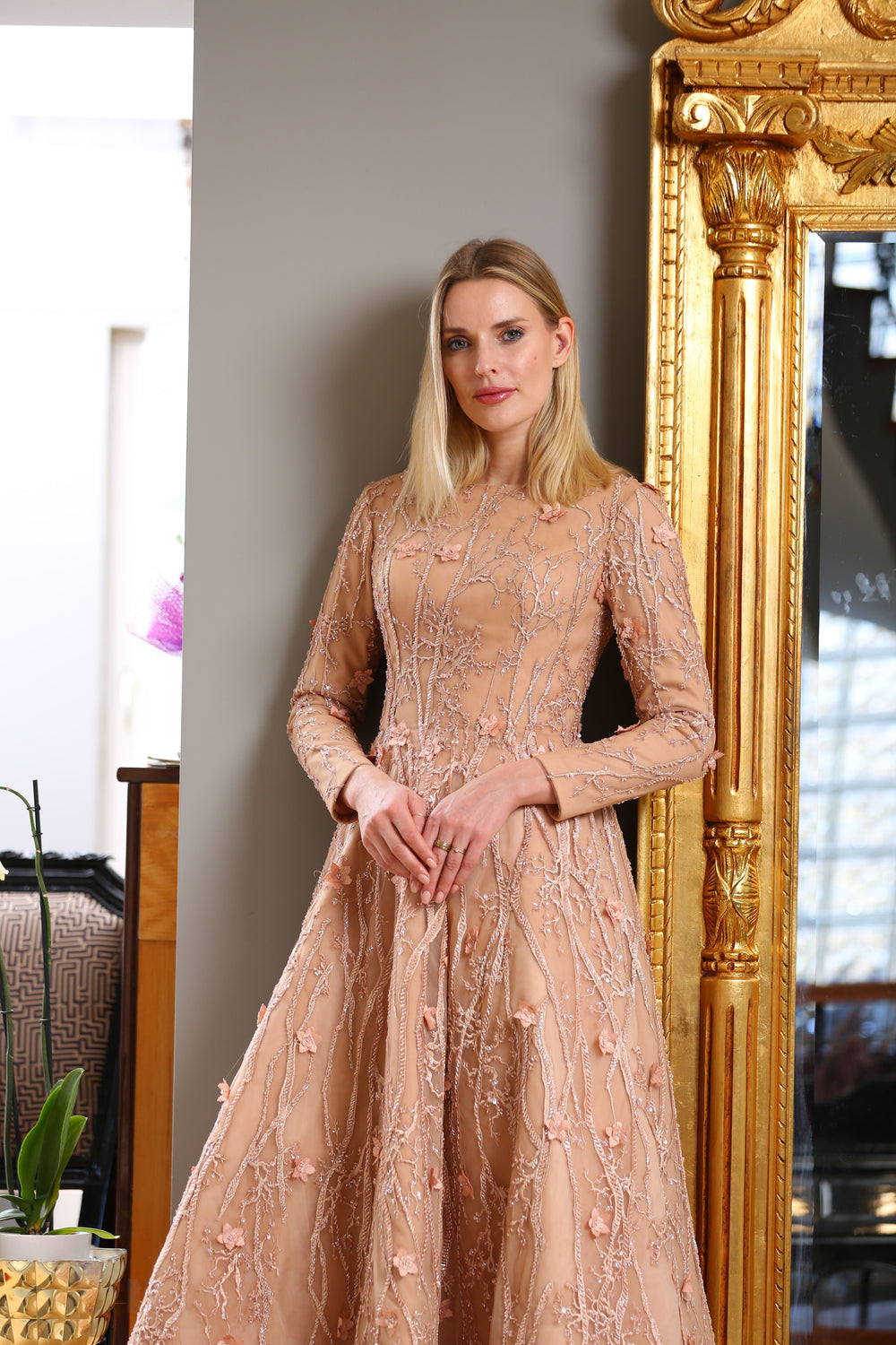 Floral Embroidered Long Lace Evening Dress