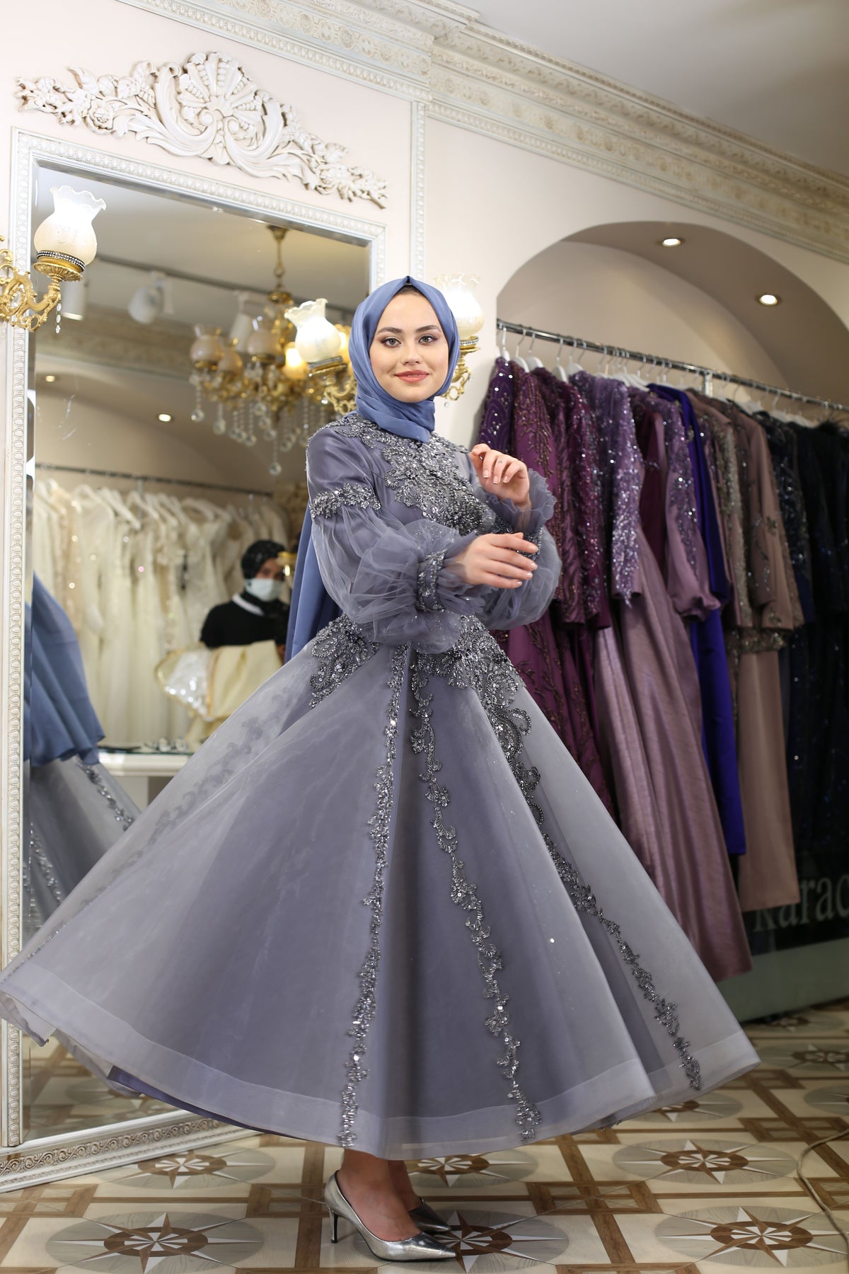 Organza Taş İşlemeli Balon Kol Uzun Abiye Elbise