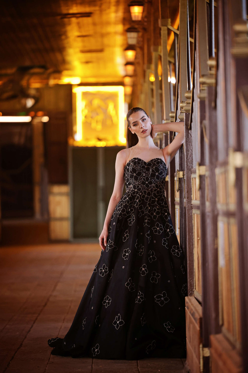 Black Floral Strapless Engagement Dress