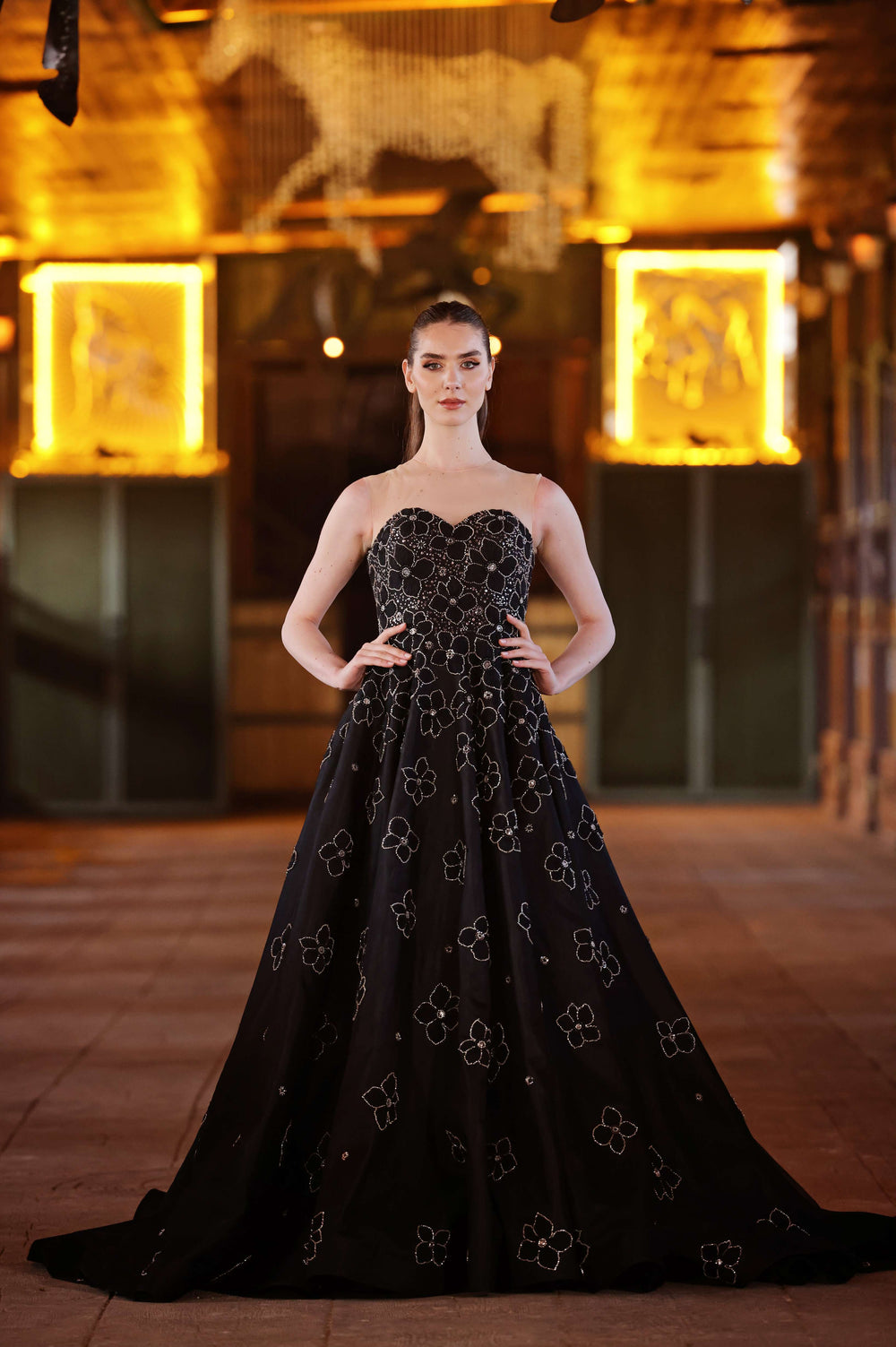 Black Floral Strapless Engagement Dress