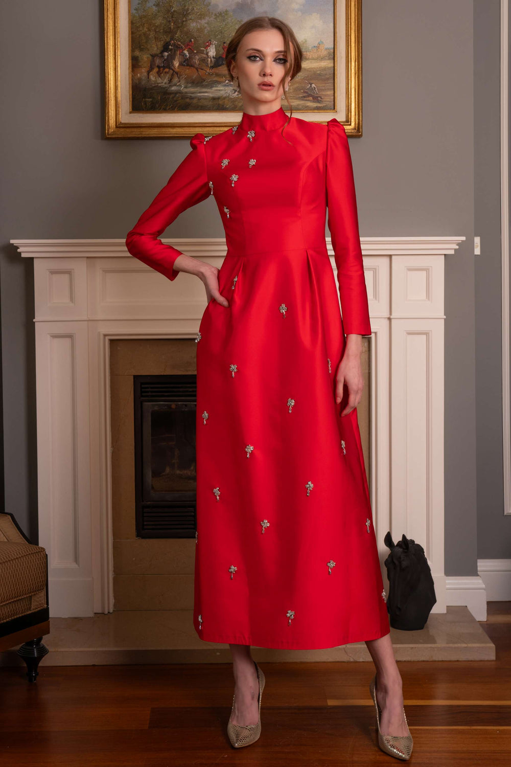 Gem-Embroidered Modest Evening Dress