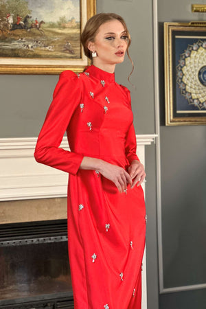 Gem-Embroidered Modest Evening Dress