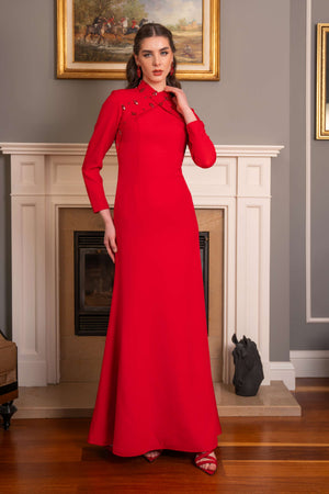 Gem-Embellished High-Neck Modest Evening Dress