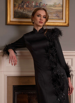 Feather-Detail Evening Dress