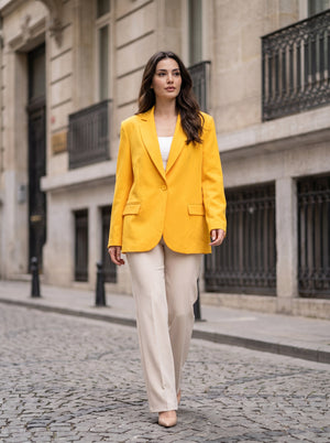 Sarı Oversize Tek Düğmeli Blazer Ceket