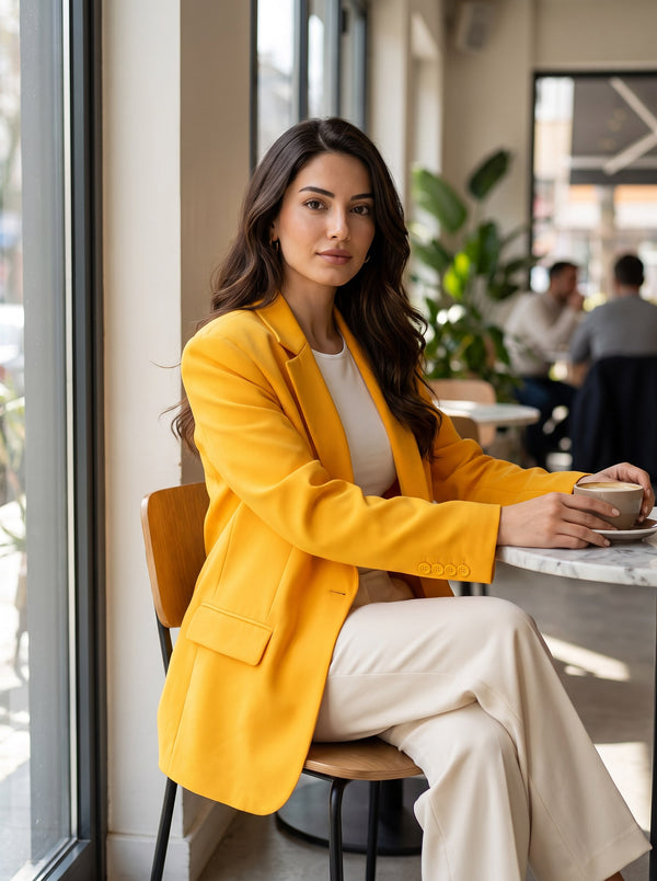 Sarı Oversize Tek Düğmeli Blazer Ceket