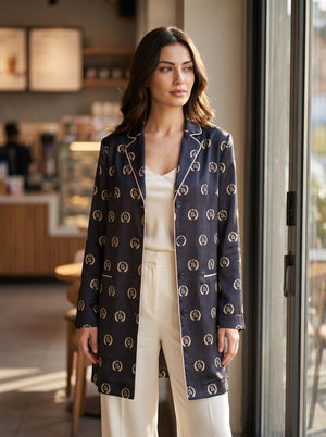 Lacivert Saten Monogram Desenli Krem Biyeli Uzun Blazer Ceket