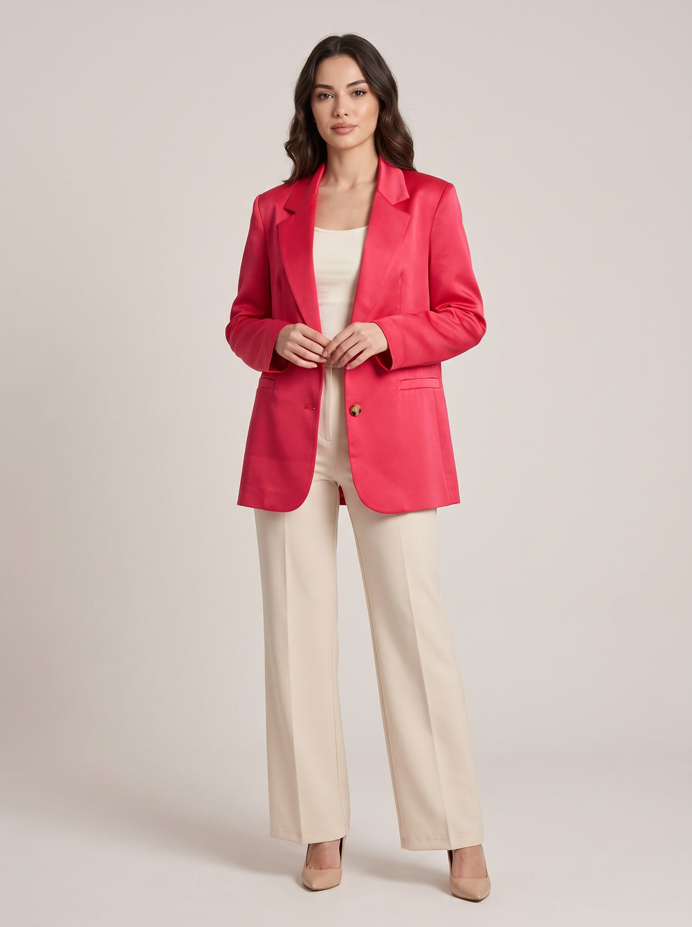 Canlı Pembe Saten Tek Düğmeli Oversize Blazer Ceket