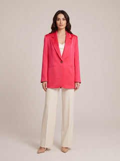 Canlı Pembe Saten Tek Düğmeli Oversize Blazer Ceket