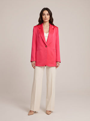 Canlı Pembe Saten Tek Düğmeli Oversize Blazer Ceket