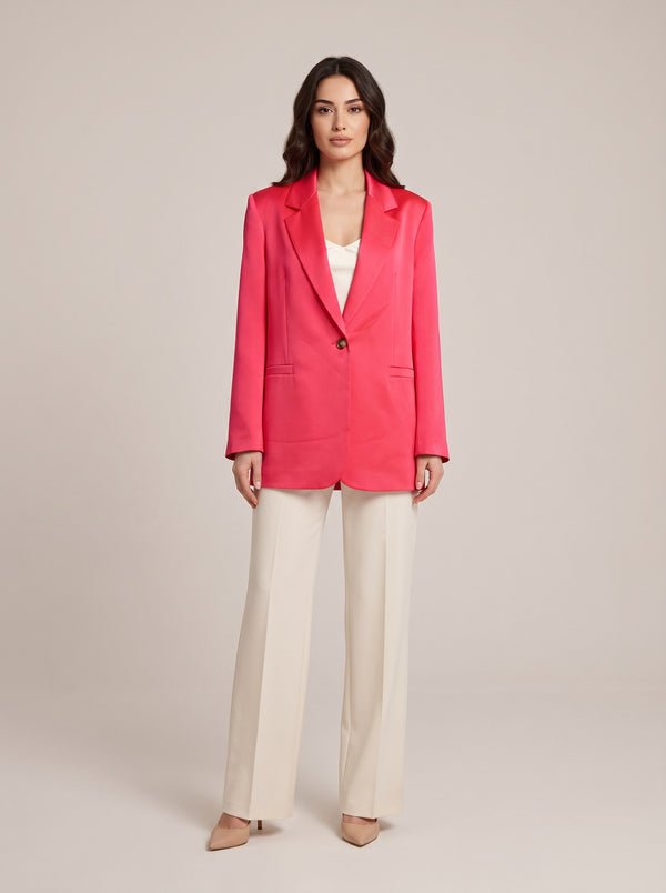 Canlı Pembe Saten Tek Düğmeli Oversize Blazer Ceket