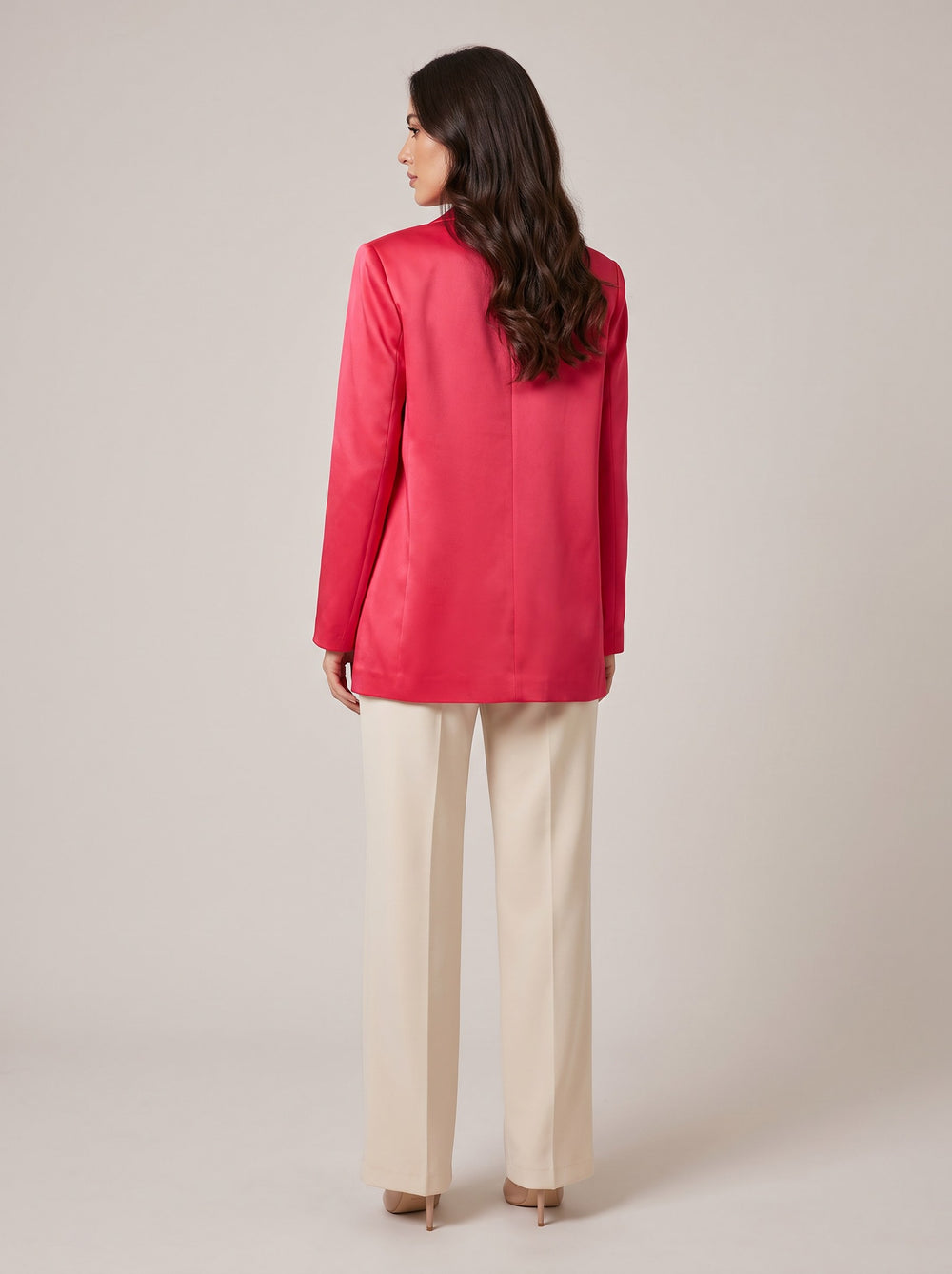 Canlı Pembe Saten Tek Düğmeli Oversize Blazer Ceket