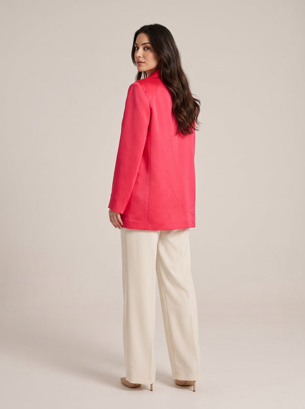 Canlı Pembe Saten Tek Düğmeli Oversize Blazer Ceket