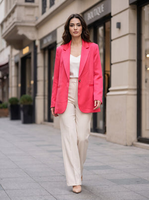 Canlı Pembe Saten Tek Düğmeli Oversize Blazer Ceket