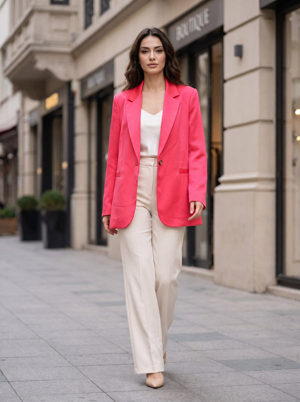 Canlı Pembe Saten Tek Düğmeli Oversize Blazer Ceket