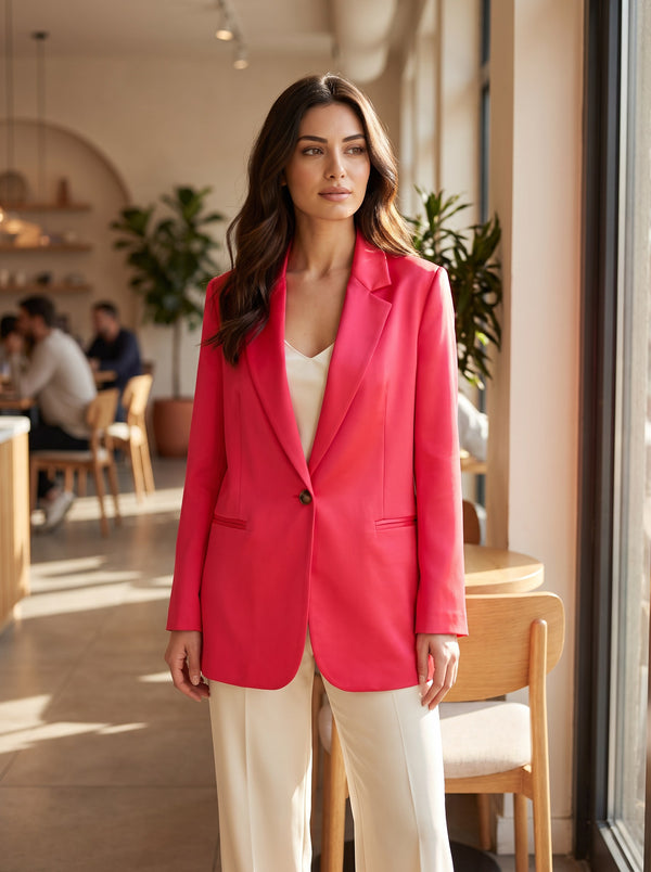 Canlı Pembe Saten Tek Düğmeli Oversize Blazer Ceket