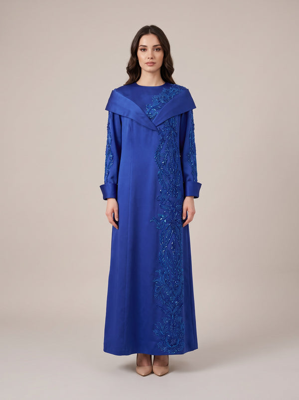 Saks Mavisi Boncuk İşlemeli Pelerin Yakalı Uzun Kollu Kaftan Abiye Elbise