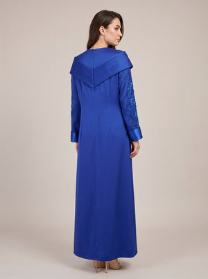 Saks Mavisi Boncuk İşlemeli Pelerin Yakalı Uzun Kollu Kaftan Abiye Elbise