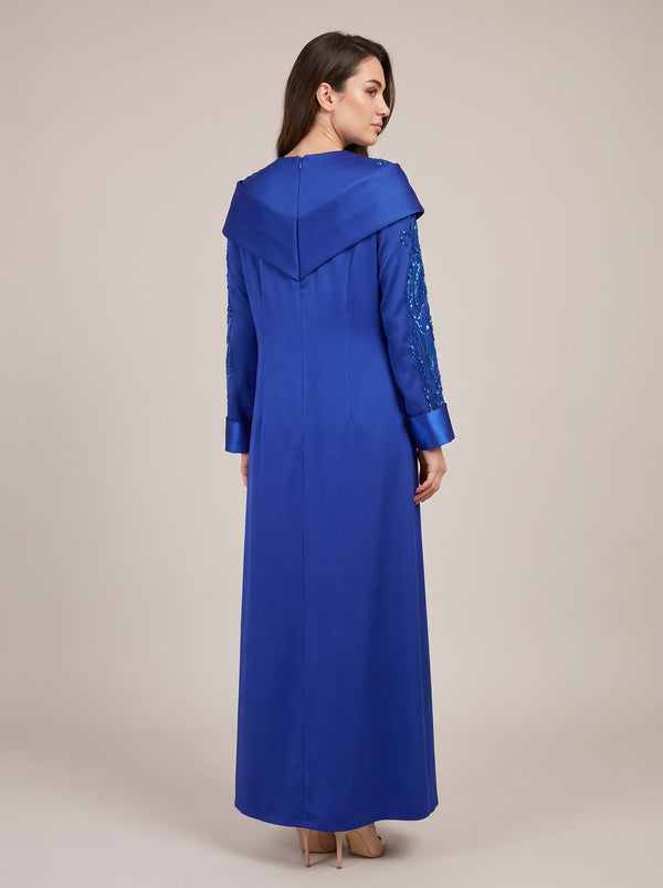 Saks Mavisi Boncuk İşlemeli Pelerin Yakalı Uzun Kollu Kaftan Abiye Elbise